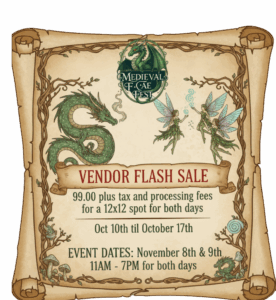 VENDOR FLASH SALE 99.00 plus tax and processing fees for a 12x12 spot for both days Oct 10th til October 17th