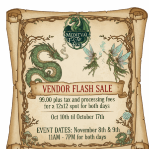 VENDOR FLASH SALE 99.00 plus tax and processing fees for a 12x12 spot for both days Oct 10th til October 17th